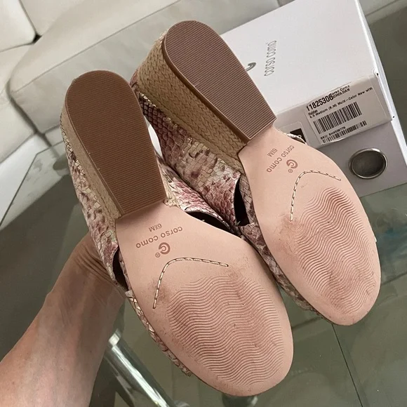 NWT corso como leather platinum pink snake slip on mules espadrille heel 6.5 - Picture 9 of 16